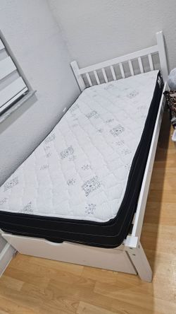 White Wood Twin Bed Frame with Top Mattress ONLY