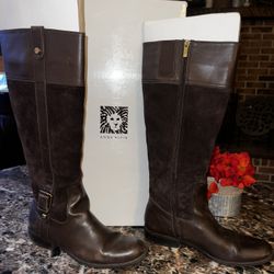 New Anne Klein AK Women's Brown Suede & Leather Casino Knee High Boot Sz. 9.5