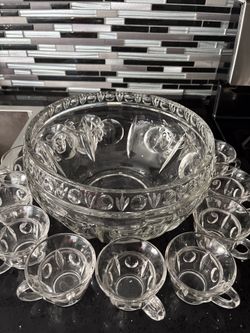 Vintage Thumbprint Cut Glass Punch bowl Set w/12 Cups and ladle