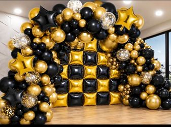 36pcs Gold and Black Square Foil Balloons Wall Backdrop with 147pcs Balloon Garland