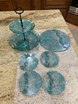 Handmade resin art trays & coaster set - w/turquoise dyed howlite stones.