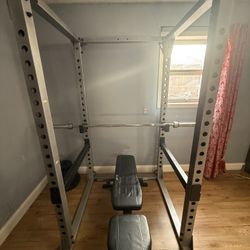 Complete Home Gym Setup – Rack + Barbell + Plates + Bench + Spotter Arms