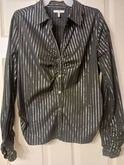 Black Silver Metallic Stripe Button-Up Blouse sz large