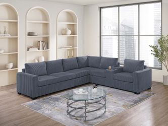 Brand new 119" x 104" charcoal or gray corduroy sectional with cup holders