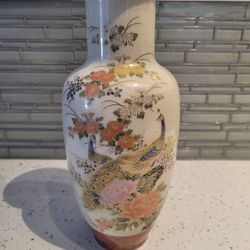 Japanese Satsuma Porcelain Floral & Peacock Decorative Vase

