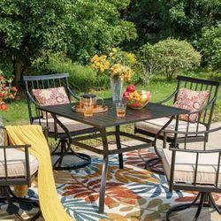 VILLA 37" Patio Table for 4, Metal Outdoor Dining Table with E-Coating, Square Steel Slated Outdoor Table with 1.57" Umbrella Hole for Garden Backyard