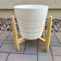 Wooden Plant Stand with Tapered White Pot 9"