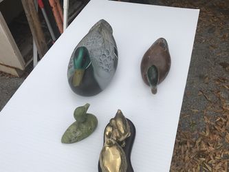 Duck collection 1 Aridak vintage duck decoy 1 wooden duck 1 jade duck 3 mounted bronze ducks