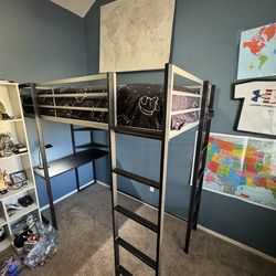 Twin Loft Bed with Desk + Shelves + Mattress