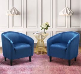 Velvet Upholstered Barrel Club Chair with Sturdy Construction, Set of 2, Pagoda Blue