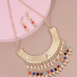 Colorful Stone Tassel Charm Gold Plated Jewelry Set