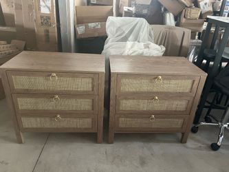 SICOTAS Nightstand Set of 2 with Drawers, Rattan Nightstands, Large Modern Boho Night Stand Wide Bed