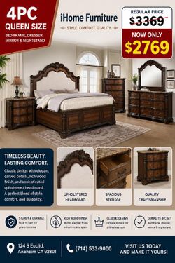 CLASSIC DESIGN BEDROOM SET 4PC  BED FRAME DRESSER, MIRROR , NIGHT STAND  RICH WOOD FINISH