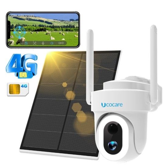 UCOCARE 4MP Wireless 4G LTE Cellular Security Camera Outdoor, WiFi-Free Security Camera with SIM Card, 6W Solar Panel & 15000mAh Battery, 360° View, D