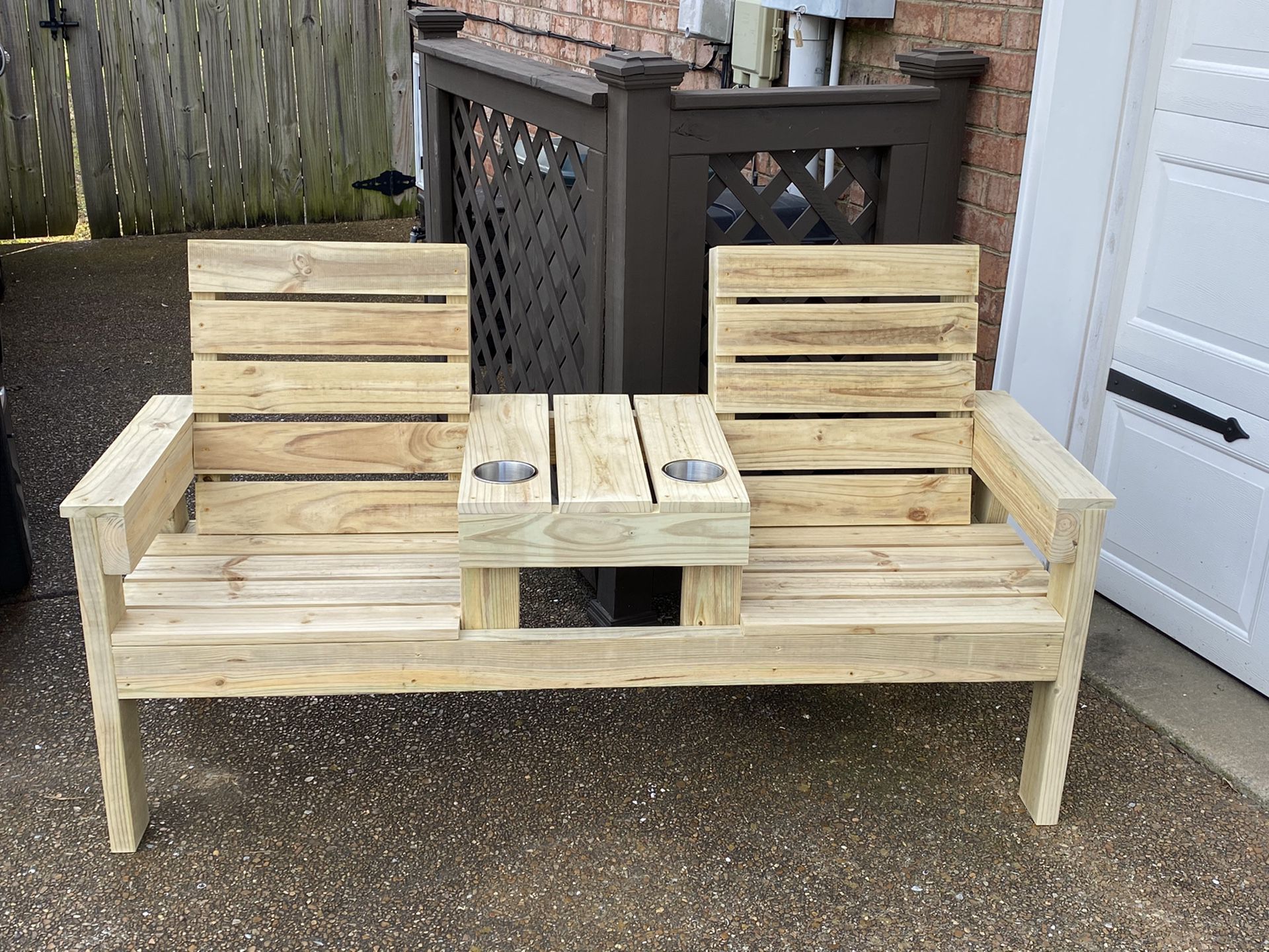 Double Seat Wood Bench with Stainless Steel Cup Holders