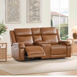 Genuine Leather Power Loveseat Recliner Sofa, Wall Hugger Loveseat Reclining Sofa with Storage Console, Power Headrest, Cup Holders, Dual Recliners fo