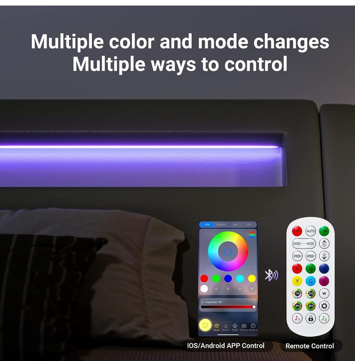 Allewie KING Size LED Platform Bed Frame with Adjustable Headboard/No Box Spring Need/Easy Assembly/Faux Leather in Grey 