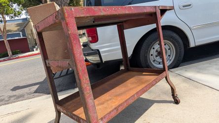 Vintage industrial cart heavy gauge steel table w tray mid-century bar steampunk rolling shelf