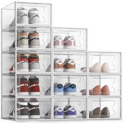 XX-Large 12 Pack Shoe Storage Box, Clear Plastic Stackable Shoe Organizer for Closet, Shoe Rack Sneaker Containers Bins Holders Fit up to Size 14 (Cle