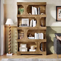 JW1050 71" Tall Bookcase, 4-Tier S-Shaped Bookshelf, Wood Decorative Storage Shelving, Modern Freest