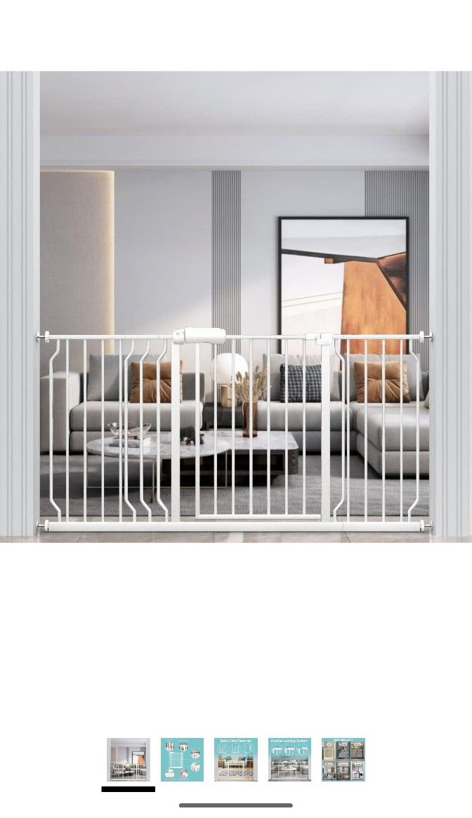 WAOWAO Baby Gate 57.48-62.17" Extra Wide Pressure Mounted Walk Through Swing Auto Close Safety White Metal Toddler Kids Child Dog Pet Puppy for Stairs