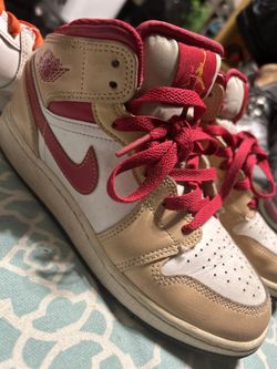 Nike Air Jordan 1 Mid 'Light Curry Cardinal Red' sneaker. 