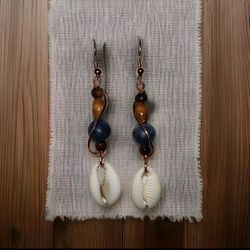 Lapis Lazuli, Wood, And Shell Drop Earrings Handmade