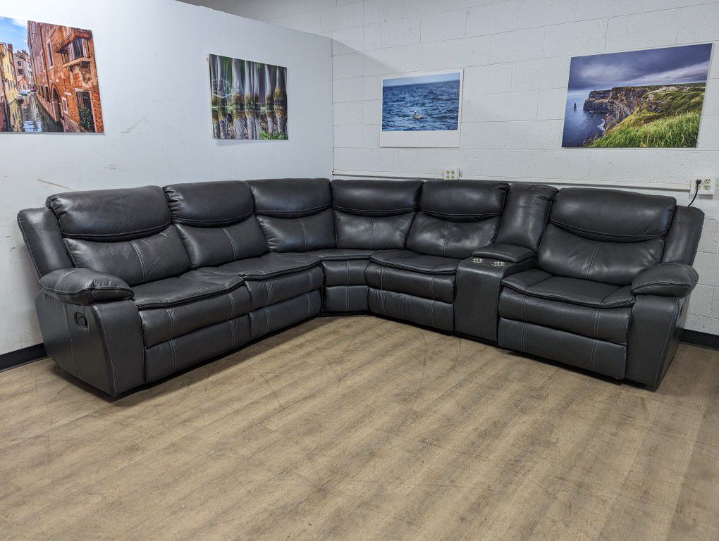 Free Delivery! Grey Leather Recliner Sectional With Cupholders, Compartment, And Outlets. 