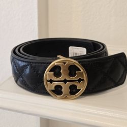 Brand New Black Tory Burch Willa Quilted Belt With Gold Logo Buckle. Size M