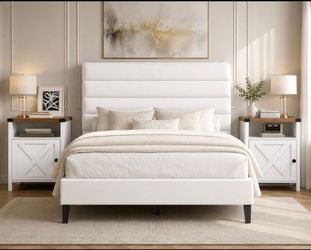 Set of 3 Full Bed Frame with Velvet Upholstered and 2 nightstands.