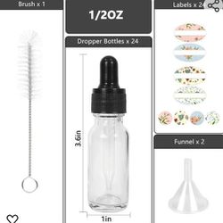 24 Glass 1/2 Oz (15ml) Bottles With Dropper Brush Funnels Labels For Oils Liquid