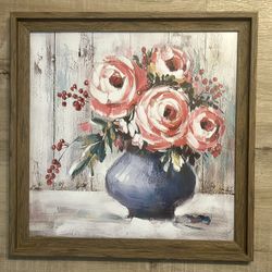 New Wood-Framed Wall Art Decor with Glass of Colorful Peonies Flowers Bouquet in Vase