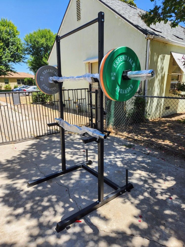 7ft Olympic Barbell+Squat Rack with Pull Up Bar+100lb Bumpers+Heavy-Duty Curl Bar+Olympic Clamps NEW