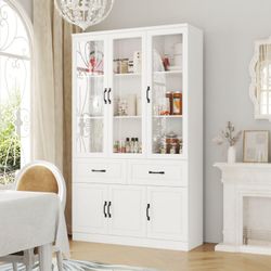 Pantry Cabinet Kitchen Storage Cabinet with 3 Glass Doors, Kitchen Pantry with Shelves & 2 Drawers, White (47.2”W x 15.7”D x 78.7”H)