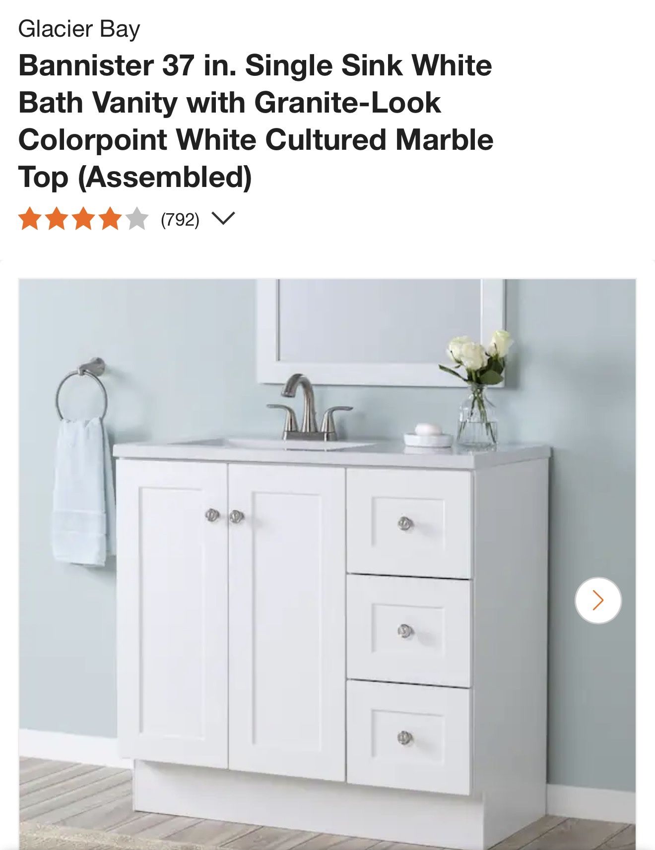 37” Singe Sink Vanity White With Drawers