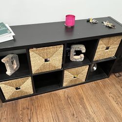 Brown Wooden Shelf Tan Straw Baskets