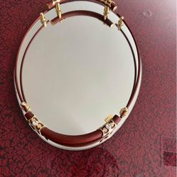 Mirror Glass Tray With Brown And 24K Gold Handles And Diamond By Brass Milano Italy 20”x13”