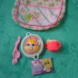 Muppets Miss Piggy Pretend Play Toy Diaper Bag, Covered Sectioned Dish, Curved Spoon & Fork, Sippy Cup & Tissue Pack (1980s Vintage)