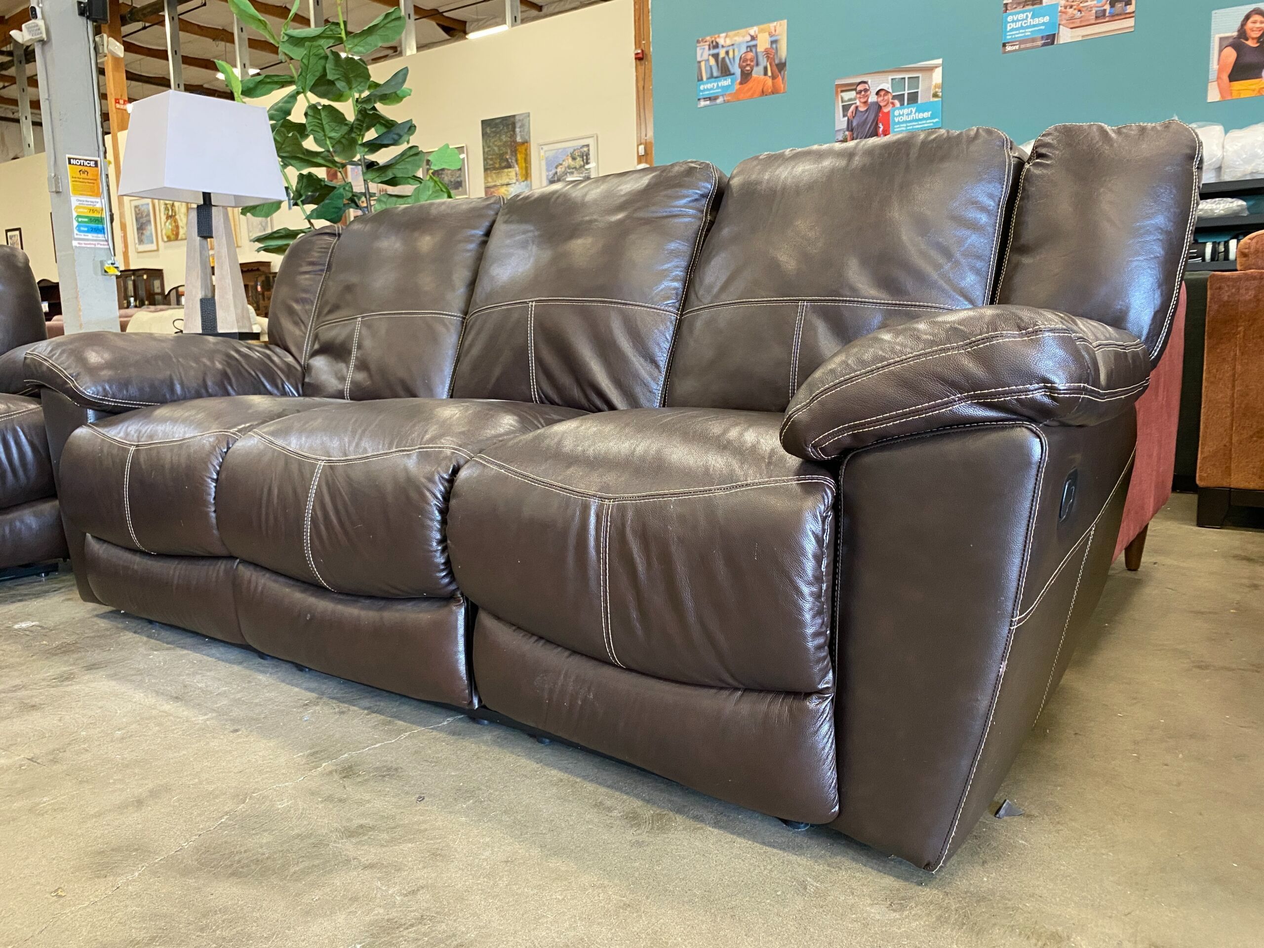 Brown Leather with Contrast Stitch Manual Push Recliner Sofa