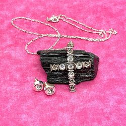 Elegant Crystal Cross Necklace w/ earrings
