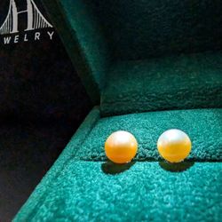 8mm Orange Freshwater Pearl Stud Earrings .925 Silver