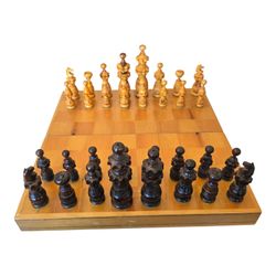 Vintage Mexican Tarascan Pulpit Chess Set Hand Carved Wood Matching Folding Board Large 5.75 Inch King Mid Century Artisanal Wooden Game Box