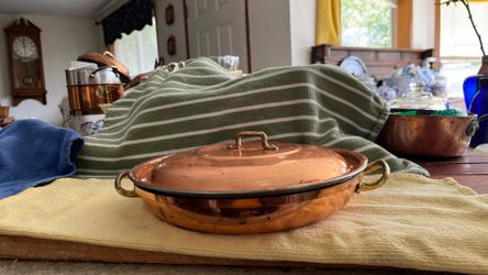 Copper pan with lid and brass handles