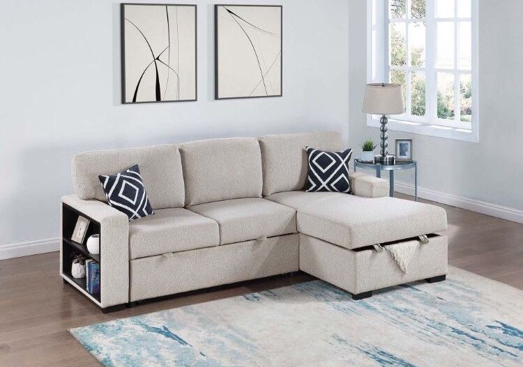 Sectional Sofa With Pullout Bed & Storage Beige Or Grey Boucles Material