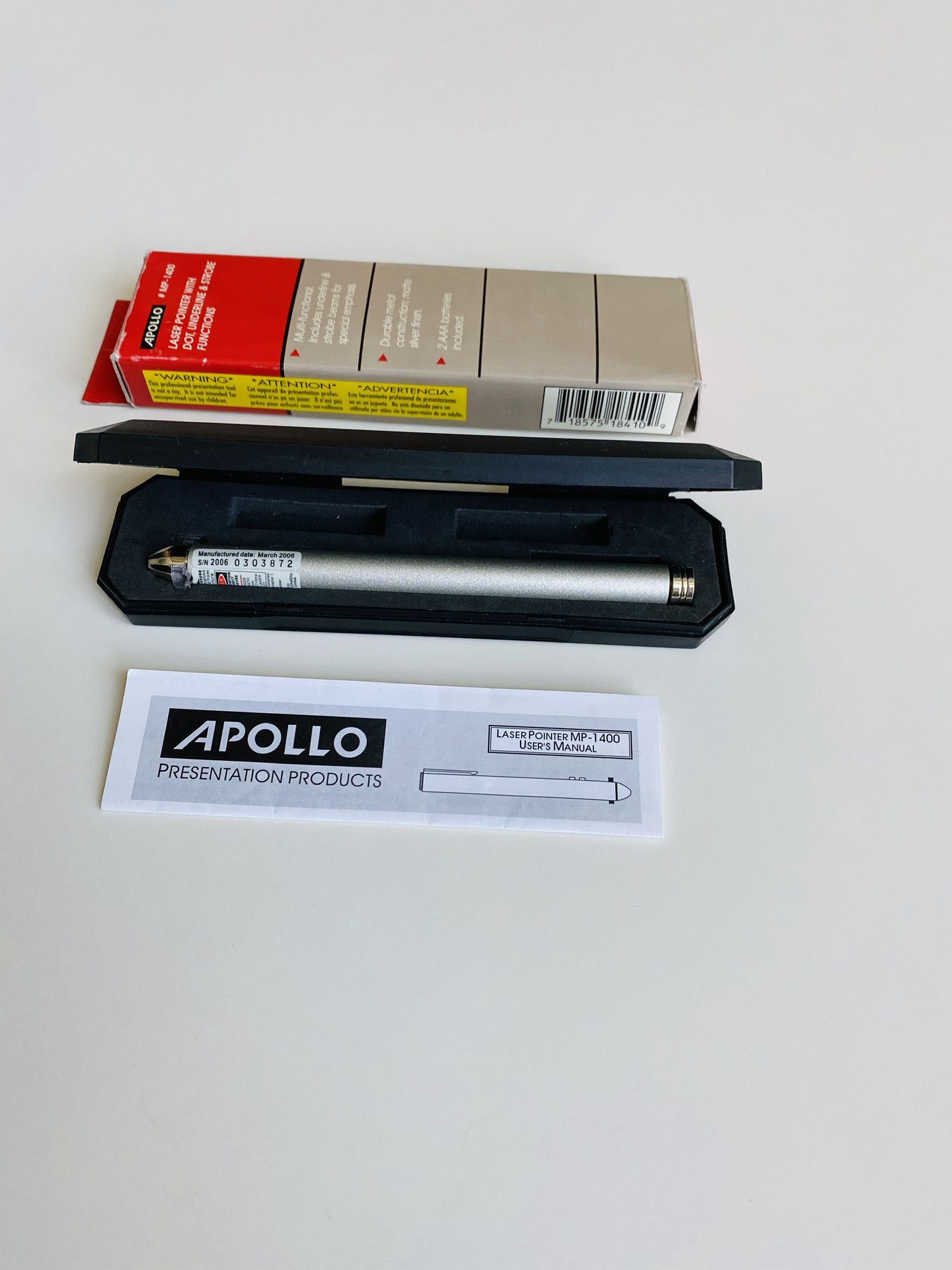 APOLLO Laser Pointer with DOT, Underline & Strobe Functions. Durable metal construction. Matte Silver Finish. Nice storage case. New. Still in origina