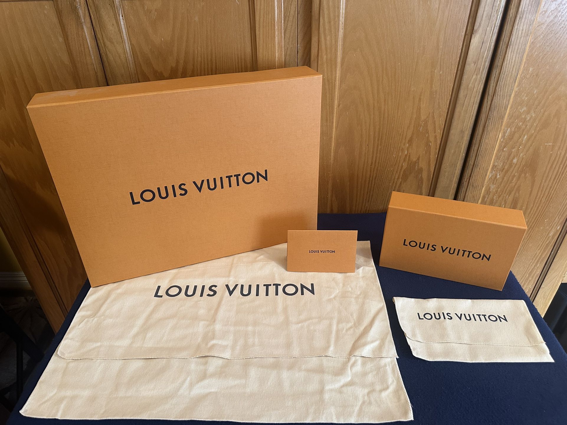 Authentic Set of LOUIS VUITTON LV Empty Gift Boxes, Ribbon, Dust Bags & Card Holder