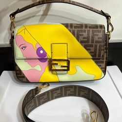 Fendi Antonio Lopez Baguette NM Bag Zucca Coated Canvas with Printed Leather Inl