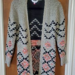 Geo Pattern Drop Shoulder Open Front Cardigan