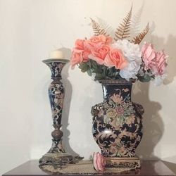 Black Porcelain Brass Mounted🕯Art Deco 🌺 Designer Chinese Vase Set