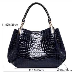 Navy Blue Crocodile Pattern Patent Leather Handbag